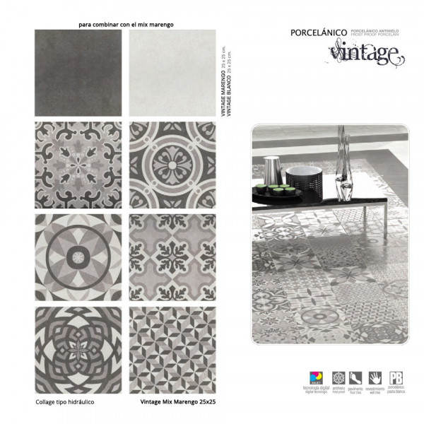 Pavimento porcelánico collage tipo hidraúlico  mix gris 25x25cm