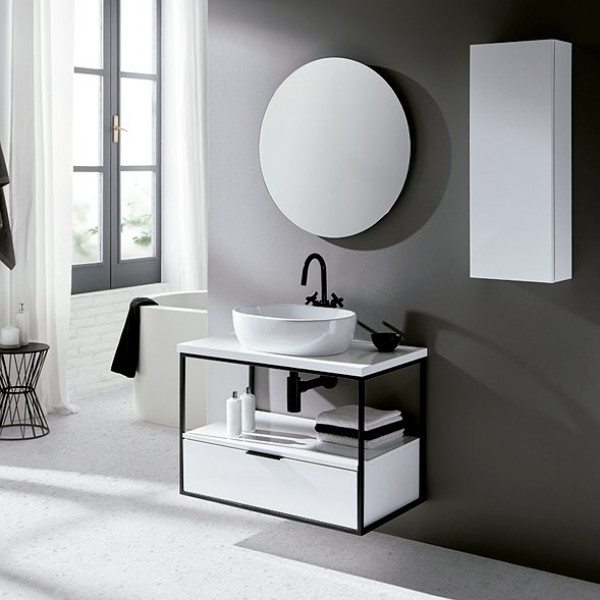 Conjunto mueble baño más lavabo más espejo en color blanco brillo