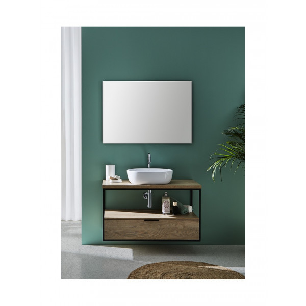 ESTRUCTURA conjunto mueble suspendido 60cm + espejo con encimera madera + lavabo