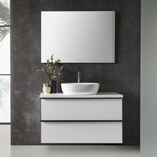 Mueble de baño METAL LINE blanco 60cm con espejo, encimera de madera y lavabo
