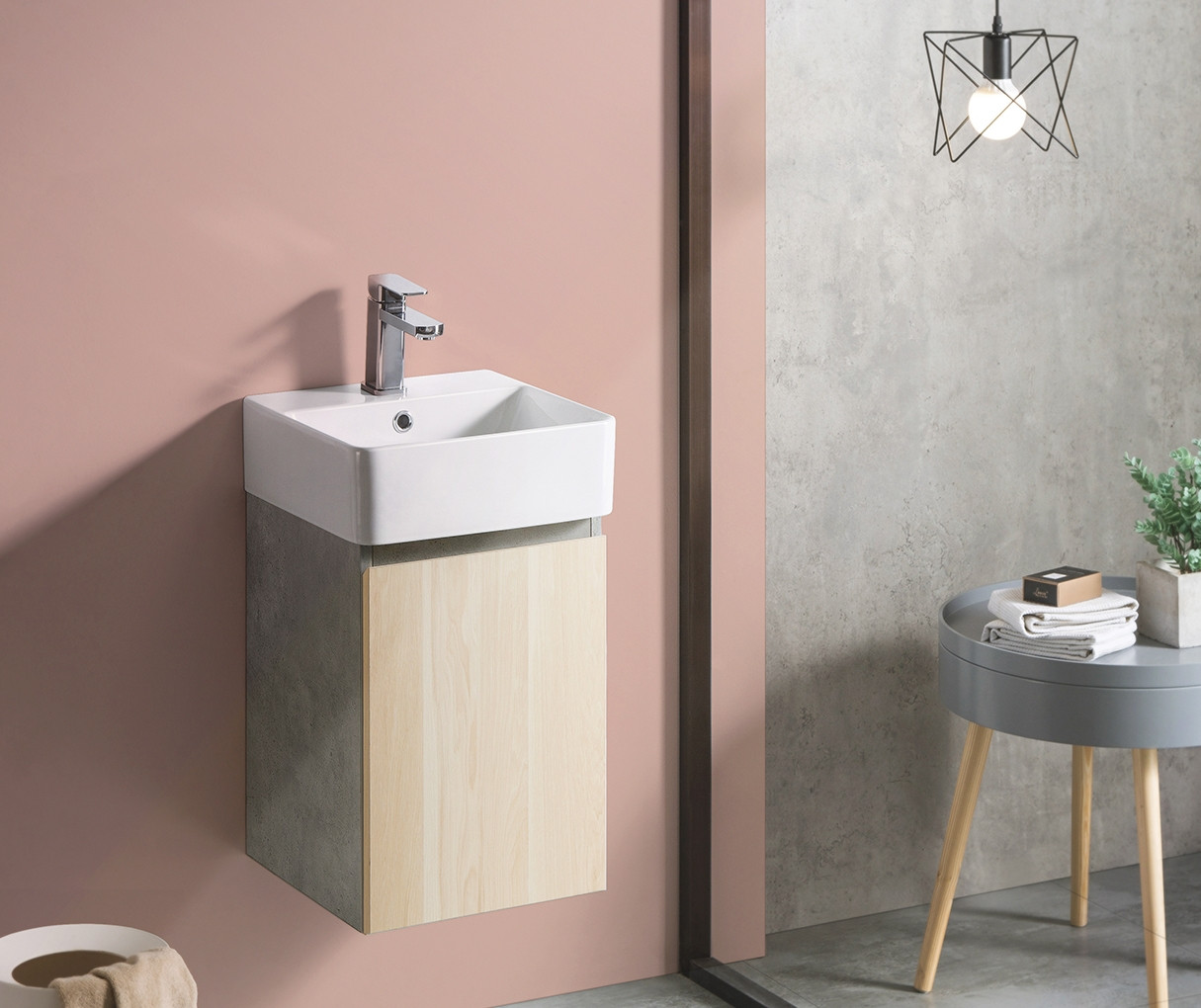 Mueble baño HANG OUT roble y cemento módulo cuadrado B&K